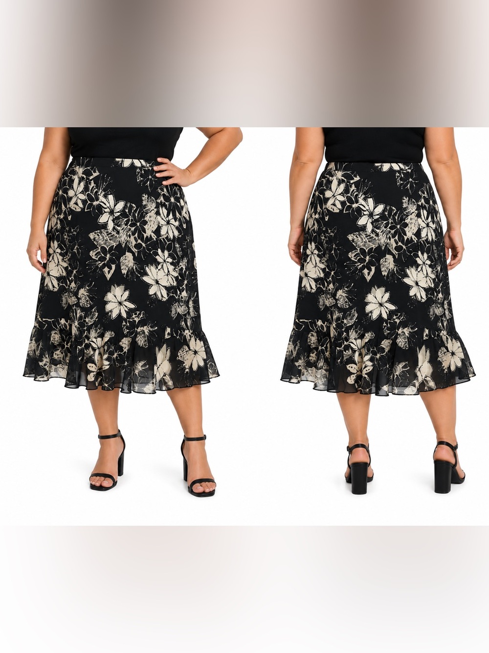 New York & Company Black White Floral Midi Skirt Size 14 Flowy Ruffle Hem